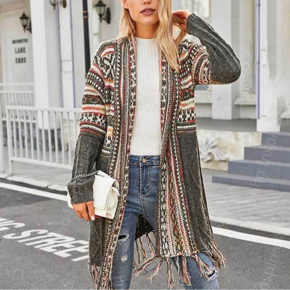 Western Fringe Hem Open Front Cardigan Soft Warm Sweater Multi Sizes NWT - Picture 3 of 13